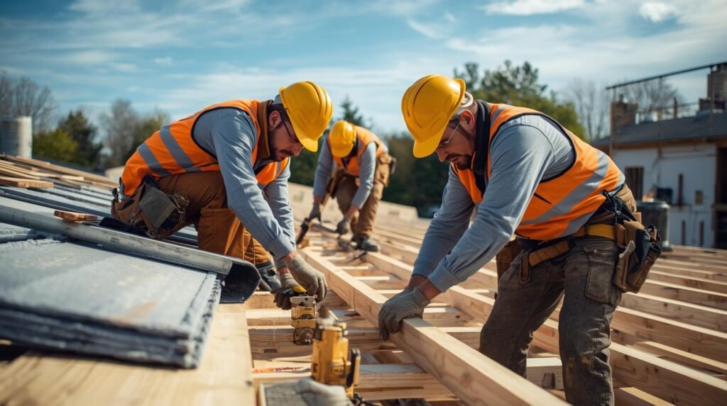 génère moi des images montrant des couvreurs en plein chantier catégorie charpenterie (3)