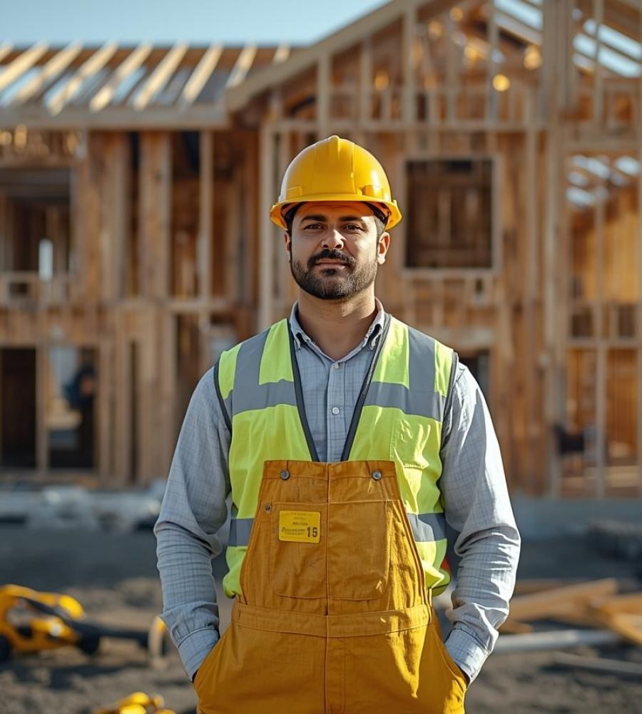 je veux l'image d'un seul couvreur et en casque jaune, tenu jaune, jilé jaune, avec des outils jaunes sur un chantier devant une maison (1)