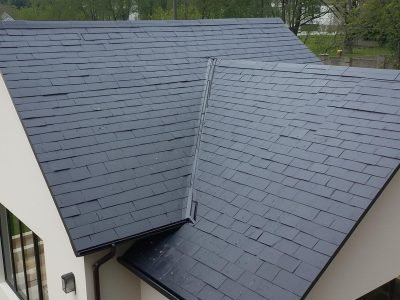 je veux un exemple maison donc le toit est en ardoise pour la mettre parmi les réalisations sur un site web de couvreur. je veux que la maison soit vu entier vu de profil